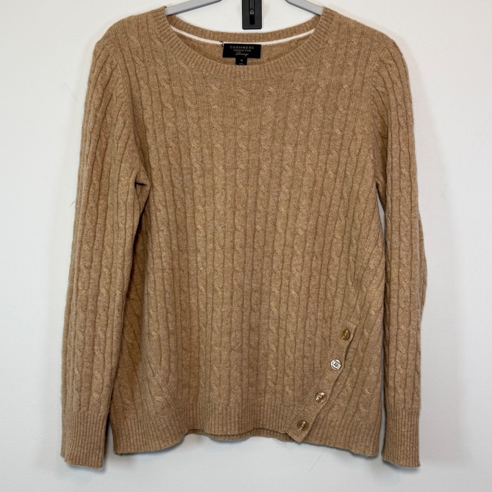 Charter Club Cashmere Sweater Womens M Brown Cable Knit Side Button Cozy Preppy